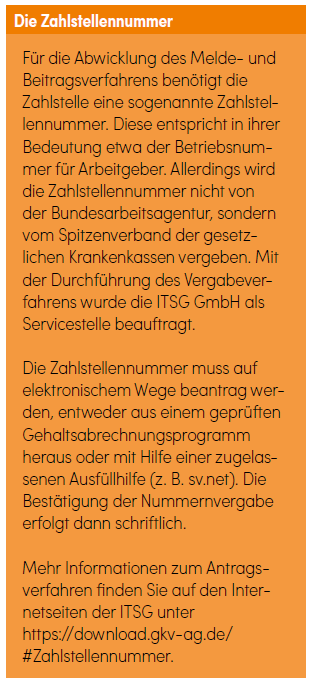 Ein orangefarbenes Textfeld mit deutschem Text, der den Zweck und den Vorgang der Erlangung einer Zahlstellennummer für Berichte und Beiträge erläutert. Es wird auf die Notwendigkeit einer Online-Bewerbung und die Angabe weiterer Kontaktinformationen hingewiesen.