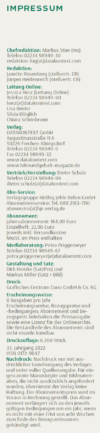 Das Bild zeigt eine „Impressum“-Seite, die typischerweise in deutschen Publikationen zu finden ist. Auf dieser Seite sind Kontaktdaten und rechtliche Informationen aufgeführt, beispielsweise Namen des Chefredakteurs, der Mitarbeiter und verschiedener Verantwortlichkeiten