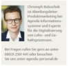 Ein professionelles Porträtfoto eines Mannes mit Brille und Anzug, begleitet von einer Textbeschreibung in deutscher Sprache, in der sein Name, Christoph Buluschek, seine Rolle als Produktmarketingmanager in einem Unternehmen usw. aufgeführt sind