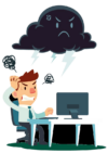 Ein frustrierter Büroangestellter, der sich unter einer buchstäblichen Gewitterwolke aus Wut und Verwirrung mit Computerproblemen herumschlägt.