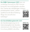 Das Bild zeigt zwei Textauszüge in deutscher Sprache, jeweils begleitet von einem QR-Code. Der erste Auszug bezieht sich auf den BIBB-Datenreport 2021, der als PDF verfügbar ist und sich mit der Berufsausbildung befasst