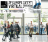 Belebter Eingang einer Konferenzveranstaltung mit Menschen in Bewegung, Hervorhebung einer virtuellen Veranstaltung von ZP Europe, die für Oktober 2020 geplant ist.