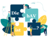 Ein Team von Personen setzt gemeinsam ein Puzzle mit den Wörtern „die“, „bav“, „ist“ und einem Fragezeichen zusammen, um den Prozess des gemeinsamen Verstehens und Lösens eines Konzepts oder Problems zu symbolisieren.