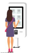 Eine Frau interagiert mit einem großen Touchscreen-Informationskiosk.