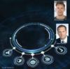 Eine abstrakte technologische Schnittstelle mit futuristischen kreisförmigen Elementen und Symbolen, die digitale Konnektivität und Datenfluss darstellen, begleitet von Porträtbildern zweier Personen, Chris Dettmann und Tobias Lützing, die jeweils oben rechts und unten rechts positioniert sind.