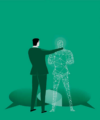 Eine Person in einem Business-Anzug interagiert mit einer holografischen Drahtgitterfigur vor grünem Hintergrund, die fortschrittliche Technologie oder das Konzept der virtuellen Interaktion symbolisiert.