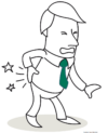Eine Cartoon-Illustration eines Humanressourcen-Spezialisten mit schmerzverzerrtem Gesichtsausdruck, der seinen Rücken umklammert, was möglicherweise auf Rückenschmerzen oder eine Verletzung hindeutet.
