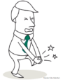 Der Cartoon-Personalmanager leidet unter Schmerzen und umklammert sein Knie mit Sternen, die auf eine plötzliche Verletzung oder Schmerzen hinweisen.