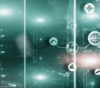 Eine digitale Netzwerkillustration mit elektronischen und technologischen Symbolen wie einem Globus, WLAN und miteinander verbundenen Knoten, die Konnektivität und digitale Kommunikation auf einem grünen Hintergrund symbolisieren.
