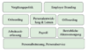 Ein Diagramm mit neun grünen rechteckigen Kästen mit deutschem Text, angeordnet in drei Reihen. Der Text umfasst: „Vergütungspolitik“, „Employer Branding“, „Onboarding“, „Personalentwicklung & Lernen“, „Offboarding“, „Arbeitszeiterfassung“, „Payroll“, „Betriebliche Altersversorgung“ und „Personalbetreuung, Personalservice“.