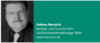 Links ist ein Graustufenporträt einer Person mit Brille, Schnurrbart und Anzug zu sehen. Rechts lautet der Text: „Andreas Nareuisch, Betriebs- und Finanzfachwirt und Bundessachverständiger, Berlin, www.nareuisch.de“ auf grünem Hintergrund.