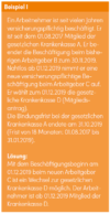Deutscher Text, der Beschäftigungs- und Versicherungsdetails anhand eines Fallbeispiels erläutert. Darin wird der Versicherungsbeginn eines Arbeitnehmers (01.08.2017) bei der Krankenkasse A und die Beschäftigungsänderungen, die zu einem Wechsel zur Krankenkasse D am 01.12.2019 führen, beschrieben.
