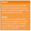 Orangefarbenes Feld mit der Aufschrift „Beispiel II“ mit deutschem Text über einen Arbeitnehmer, der am 01.04.2017 einer gesetzlichen Krankenversicherung beigetreten ist und diese am 06.11.2019 mit Wirkung zum 31.12.2019 gekündigt hat. Unten finden Sie eine Lösung, die eine 18-monatige Bindungsfrist bis zum 30.09.2018 und eine Kündigung mit Wirkung zum 31.01.2020 erklärt.
