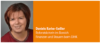 Links ist eine lächelnde Frau mit kurzen braunen Haaren vor einem grauen Hintergrund abgebildet. Die rechte Seite des Bildes hat einen orangefarbenen Hintergrund mit weißem Text, auf dem steht: „Daniela Karbe-Gessler, Referatsleiterin im Bereich Finanzen und Steuern beim DIHK.“