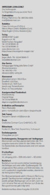 Ein Bild, das das Impressum einer Publikation zeigt. Es enthält Abschnitte zu Redaktion, Verlagskontakten, Abonnementinformationen und rechtlichen Hinweisen. Der Text ist auf Deutsch und enthält Details wie Kontaktadressen und Telefonnummern.