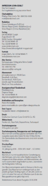 Das Impressum einer deutschen Zeitschrift mit redaktionellen Ansprechpartnern, Angaben zum Herausgeber, Kontaktdaten, Abonnement- und Zahlungsbedingungen, Preisen und rechtlichen Hinweisen. Das Dokument enthält Namen, Adressen, Telefonnummern und E-Mail-Adressen.