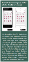 Ein Smartphone, auf dem die AVERO-App zur Zeiterfassung angezeigt wird. Das Bild zeigt sowohl Android- als auch iOS-Oberflächenlayouts mit Einstellungen zum Ein- und Ausstempeln, einschließlich Pausen. Der Text auf Deutsch beschreibt die Funktionen und Verfügbarkeit der App.