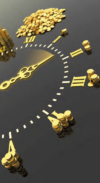 Auf einer schwarzen Fläche ist eine Uhr aus Goldmünzen zu sehen, deren Stundenzahlen durch römische Ziffern angezeigt werden. Die aus Münzen bestehenden Uhrzeiger zeigen eine bestimmte Zeit an. Stapel von Goldmünzen sind rund um die Uhr verstreut und symbolisieren das Konzept von Zeit und Geld.