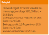 Orangefarbene Box mit deutschem Text, der eine fiktive Einkommensberechnung erklärt. Darin sind die Gehaltsprozentsätze für die Sozialabgaben aufgeführt: Rente (18,6 %) und Arbeitslosenversicherung (2,5 %), die Summe der Abzüge und der Arbeitgeberzahlung von 6,57 Euro.