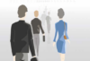 Illustration von Menschen, die in einem verschwommenen Flur gehen. Die Figuren zeigen Personen in Bürokleidung wie Anzügen und Kleidern, die Aktentaschen oder Taschen tragen. Im Hintergrund sind Silhouetten zu sehen, die eine geschäftige, geschäftige Umgebung suggerieren.