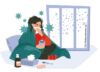 Illustration einer Person, die am Boden sitzt, in eine Decke gehüllt und eine Tasse in der Hand hält. Sie wirken krank und es liegen Taschentücher sowie Medikamente in ihrer Nähe. Draußen ist Schnee zu sehen und um sie herum schweben Virussymbole. Für Fachkräfte aus der Entgeltabrechnung und Personalbetreuung: Diese Darstellung erinnert uns an die Herausforderungen des Krankheitsmanagements bei Mitarbeitern während der Erkältungs- und Grippesaison. Effektive Lohnfortzahlung im Krankheitsfall sowie eine einfühlsame Personalbetreuung sind besonders wichtig, um Mitarbeiter zu unterstützen und Ausfälle im Team zu minimieren.