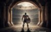 Gladiator mit Kampfausrüstung vor Arena
