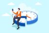 Teilzeitbeschäftigter sitzt entspannt auf großer Uhr und symbolisiert flexible Arbeitszeiten und Work-Life-Balance