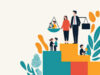 Illustration zu Elternzeit und Arbeitsleben: schematische Figuren von Eltern und Kindern auf bunten Stufen, daneben Waage als Symbol für Gerechtigkeit und Balance zwischen Familie, Beruf und Vergütung.