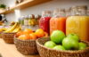 Obstkorb und frischer, gesunder Saft in Büroküche
